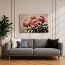 Side angle view of framed peony wall art in modern living room