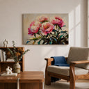 Full view of pink peony wall art hanging on white wall