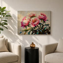 High-quality framed canvas with pink peonies and subtle shadows