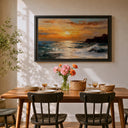Framed seascape canvas with warm sunset colors