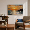 Living room with framed coastal wall art