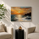 Framed landscape painting of ocean at sunset