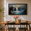 Side view of framed canvas wall art in rustic lodge setting