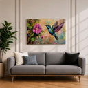 Hummingbird illustration on canvas with botanical background