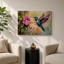 Close-up of frame and canvas texture in hummingbird artwork