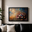 Close-up of painted wildflowers on canvas frame