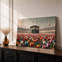 Framed Kaaba wall art with tulip field landscape, front view