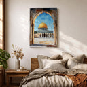 Elegant Jerusalem arch art in gold and blue hues