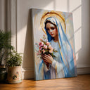 Virgin Mary wall art framed canvas with flower bouquet