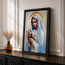 Close-up of delicate flower bouquet in Virgin Mary artwork