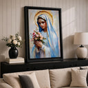 Living room wall art featuring Virgin Mary and flowers