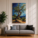 Close-up of thick impasto brushwork on olive tree canvas