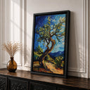 Rustic living room decor featuring Mediterranean landscape on framed canvas