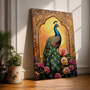 Peacock wall art with Mughal floral motif close up