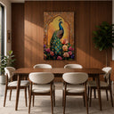 Decorative wall art showing peacock and nature-inspired flowers