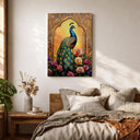 Art print depicting peacock and nature floral design