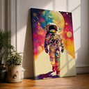 Astronaut space wall art on neutral living room wall