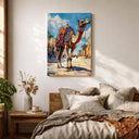 Living room setup showcasing camel Moroccan wall art above a sofa