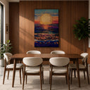 Living room wall art featuring golden hour ocean view