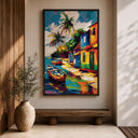 Bright tropical beach scene framed canvas for living room