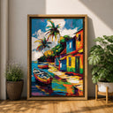 Caribbean seaside village artwork in a blue and orange palette