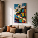 Coastal wall art featuring colorful village by the sea