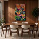Bedroom decor with framed floral wall art in tropical tones