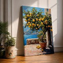 Lemon tree wall art on a framed canvas with a Mediterranean coastal background