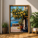Living room art with lemon tree and sea view on a framed canvas