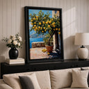 Soft navy and aqua tones complement lemon tree artwork