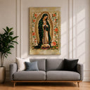 Close-up of Virgin of Guadalupe framed wall art with rose border
