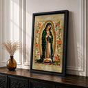 Full framed display showing rose border design around Guadalupe