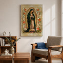 Side angle view of framed Guadalupe canvas