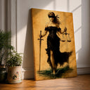 Lady Justice wall art featuring Themis goddess with scales, framed in a modern office