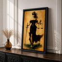 Legal symbolism with scales and sword motif in goddess-themed wall art