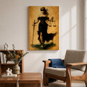 Themis goddess motif hanging in a study room setup