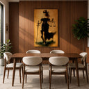 Office wall display of Lady Justice art above a desk