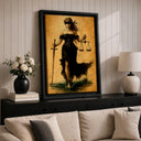 Framed Lady Justice artwork in a minimalist home office