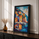 Mediterranean harbor scene on framed wall art with vibrant tones