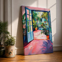 Tropical courtyard framed canvas wall art with lush green botanicals