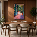 Living room wall art with tropical courtyard motif