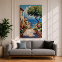 Mediterranean harbor seascape with pastel buildings and blue water