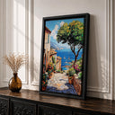 Coastal village wall art used as living room decor