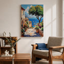Close-up of textured canvas and frame in coastal art