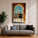 Watercolor Kaaba arch with mosque silhouette
