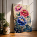Framed canvas wall art featuring pink peonies in watercolor style