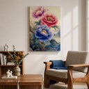 Living room wall art featuring watercolor peonies in a frame
