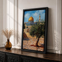 Olive branches motif with mosque silhouette on canvas