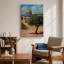 Close-up of olive tree artwork on premium framed canvas