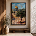 Warm tones and textured canvas frame for sacred art